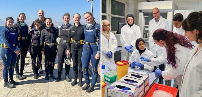 Am und im Meer: Berliner Studierende bei Tauchgängen zum Schutz der Steinkoralle. Im Labor: Studierende der University of Jordan bei der Probenvorbereitung im Rahmen des zellphysiologischen Praktikums.